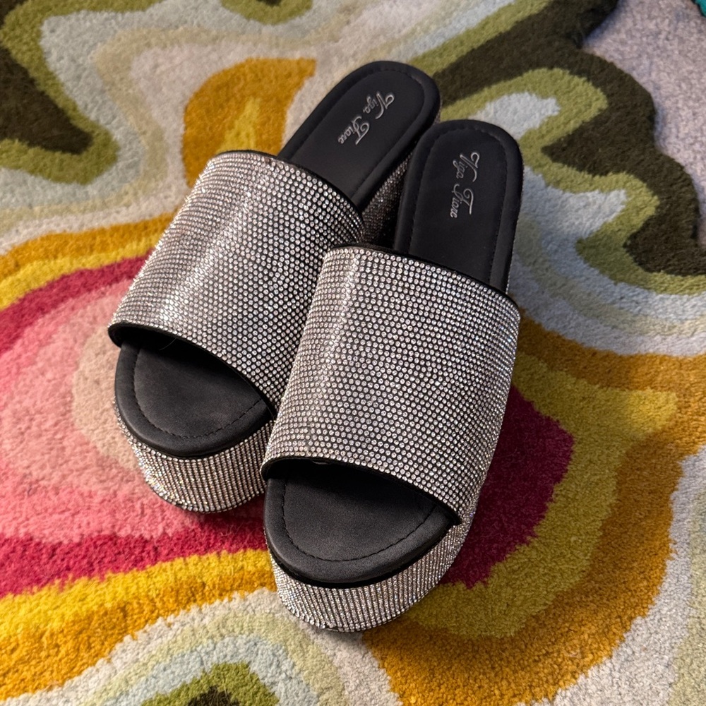 Silver Rhinestone Platform Slides